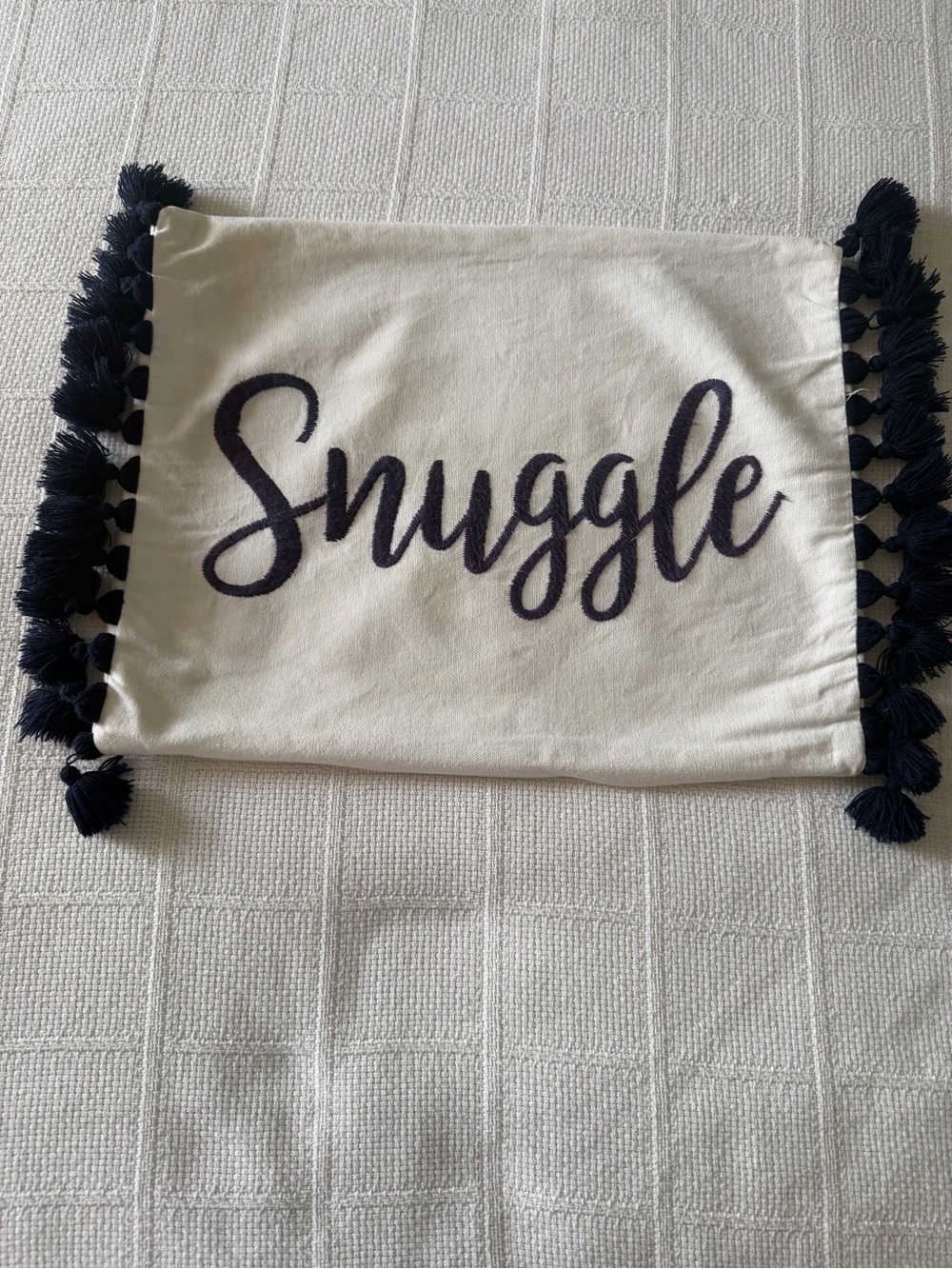 Snuggle Pillow Cover White with Navy Script